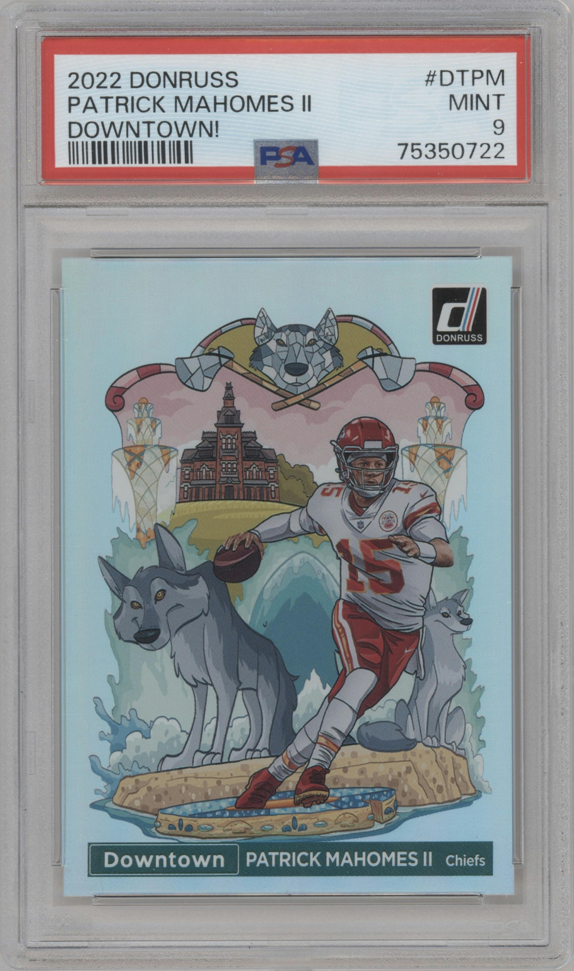 Patrick Mahomes II from the 2022 Panini Donruss set graded by PSA and given an overall grade of 9.