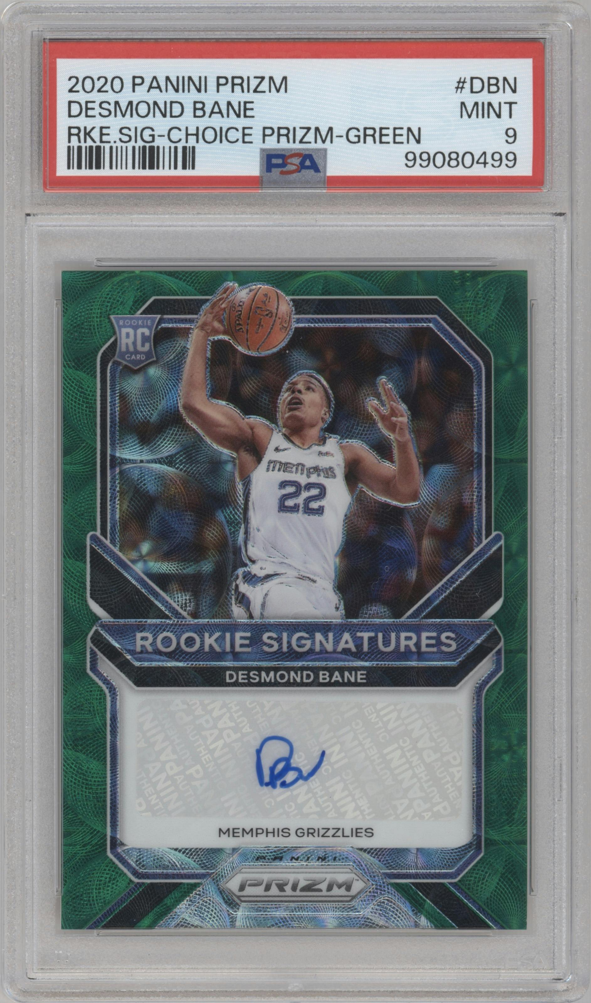 Desmond Bane from the 2020-21 Panini Prizm set featuring a Choice Prizms Green parallel graded by PSA and given an overall grade of 9.