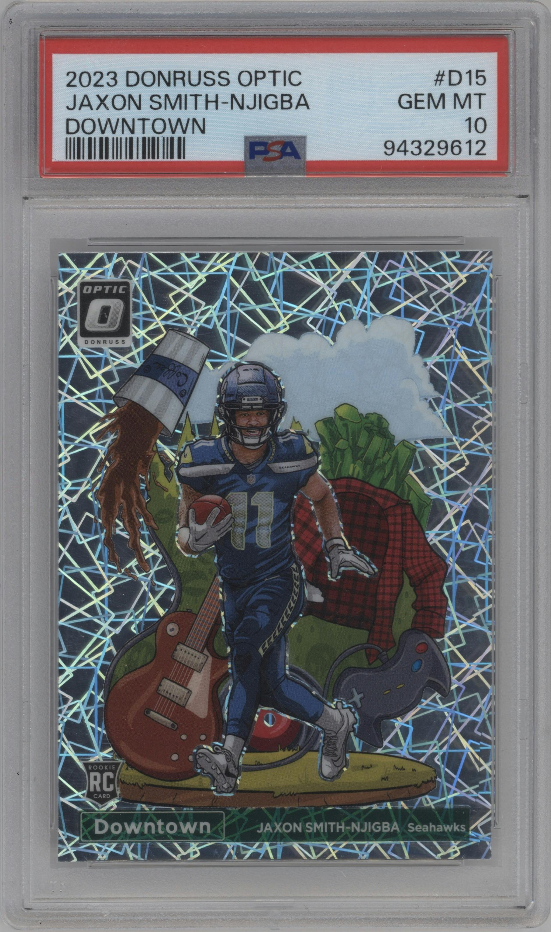 Jaxon Smith-Njigba from the 2023 Donruss Optic set graded by PSA and given an overall grade of 10.