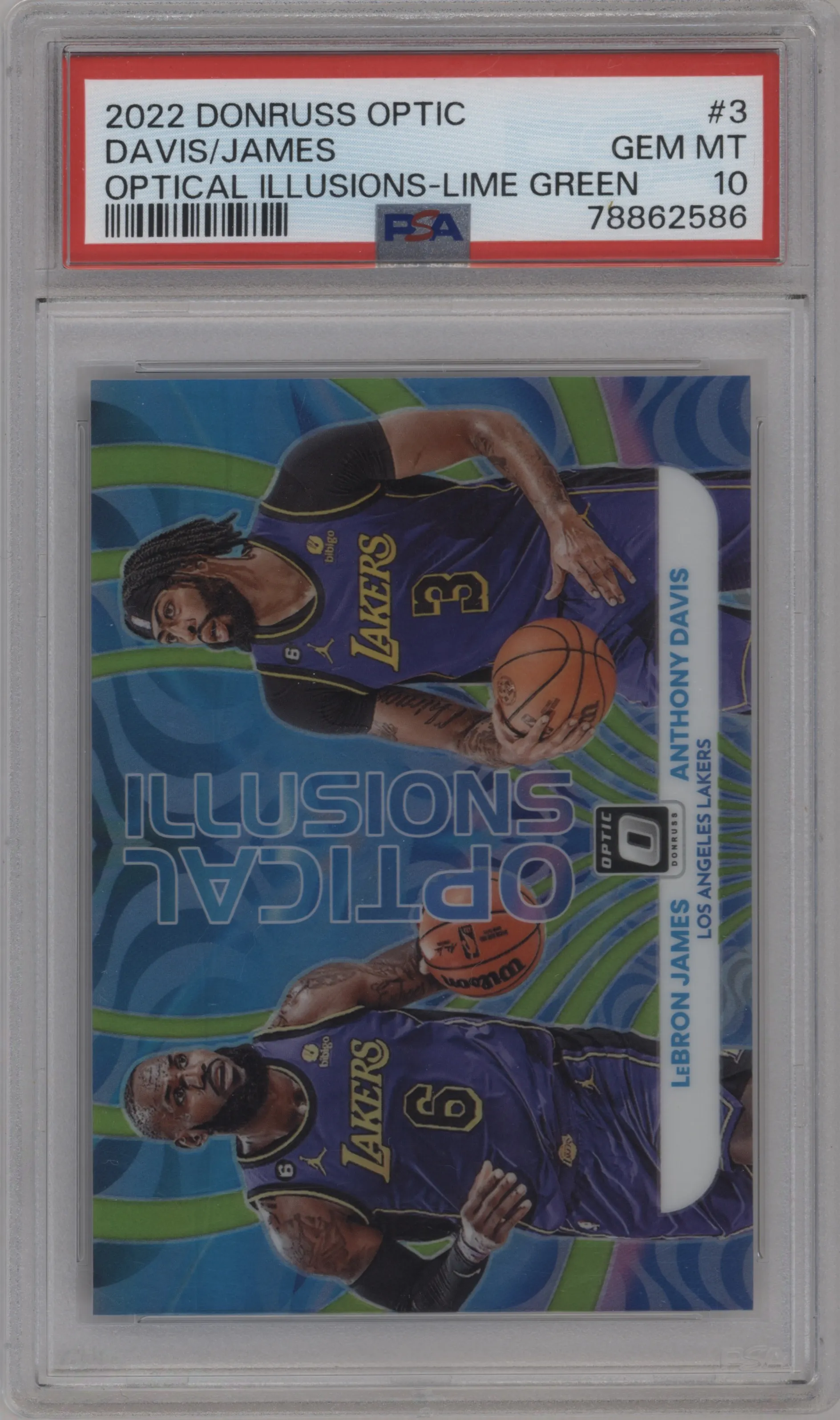 2022 Panini Donruss Optic Optical Illusions LeBron James/Anthony Davis Lime Green PSA 10