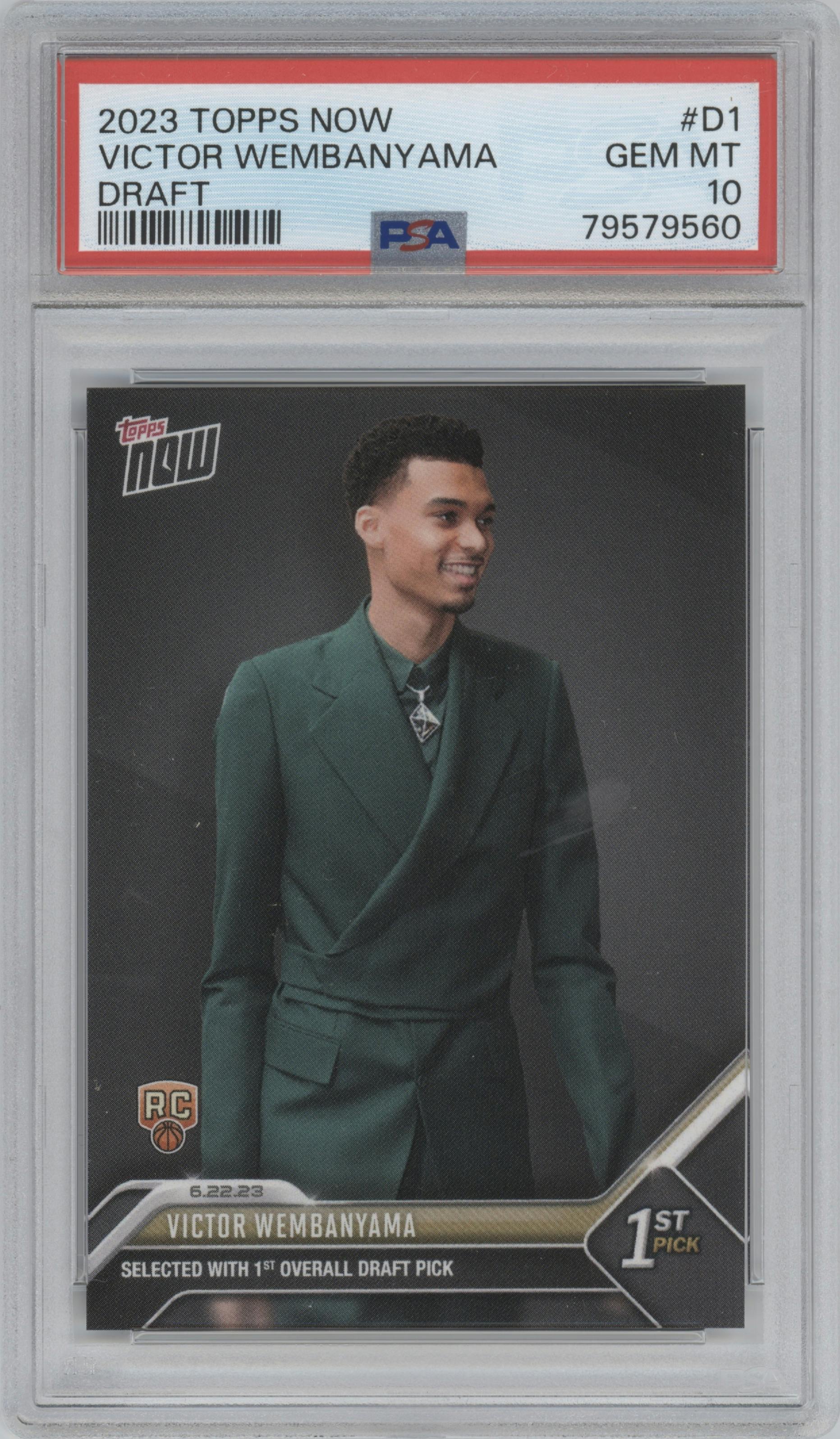 Victor Wembanyama from the 2023 Topps Now
 set graded by PSA and given an overall grade of 10.