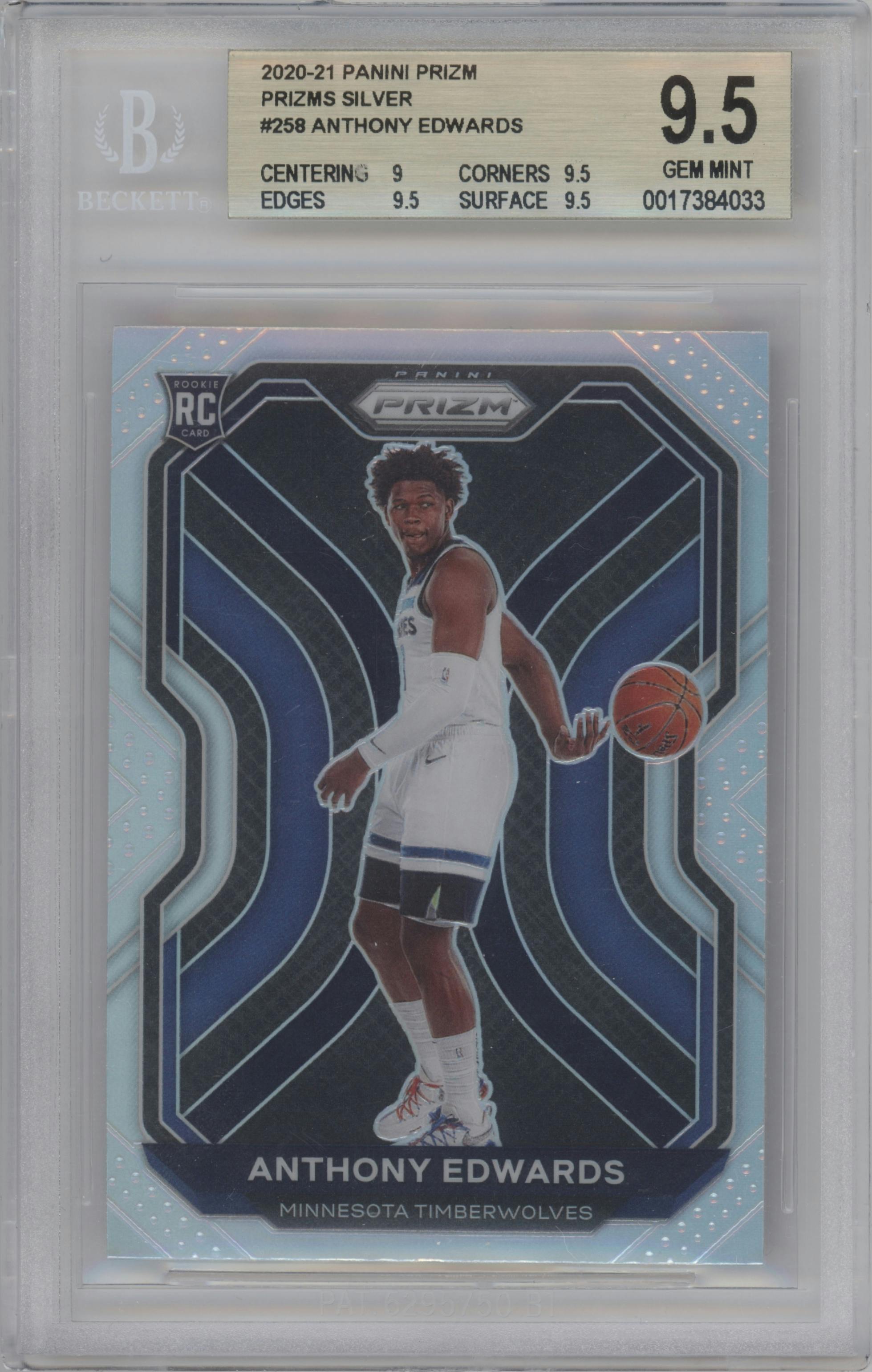 Anthony Edwards from the 2020-21 Panini Prizm set featuring a Silver Prizm parallel graded by Beckett and given an overall grade of 9.5.