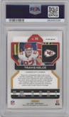 Travis Kelce from the 2021 Panini Prizm set featuring a Red Ice parallel graded by PSA and given an overall grade of 10.