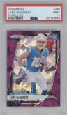 Ladd McConkey from the 2024 Panini Prizm set featuring a Purple Ice parallel graded by PSA and given an overall grade of 9.