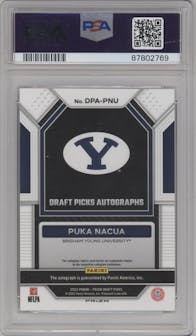 Puka Nacua from the 2023 Panini Prizm Draft Picks set featuring a Silver Prizm parallel graded by PSA and given an overall grade of 10.