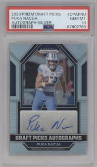 Puka Nacua from the 2023 Panini Prizm Draft Picks set featuring a Silver Prizm parallel graded by PSA and given an overall grade of 10.