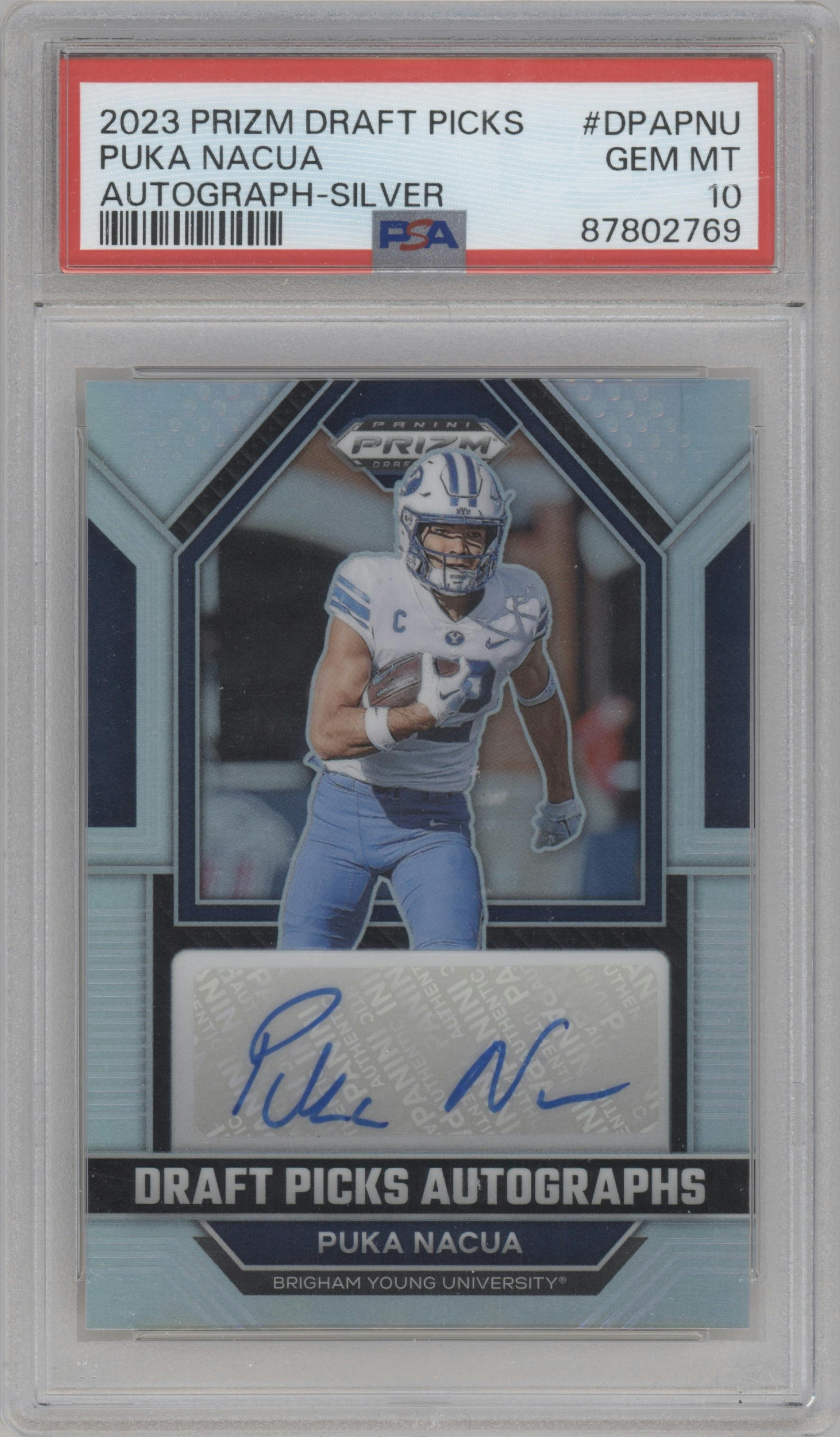 Puka Nacua from the 2023 Panini Prizm Draft Picks set featuring a Silver Prizm parallel graded by PSA and given an overall grade of 10.