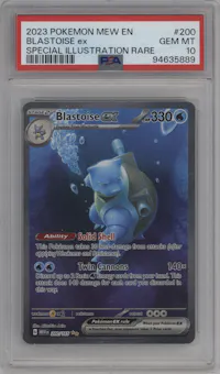 Blastoise ex from the 2023 Pokemon SV set graded by PSA and given an overall grade of 10.