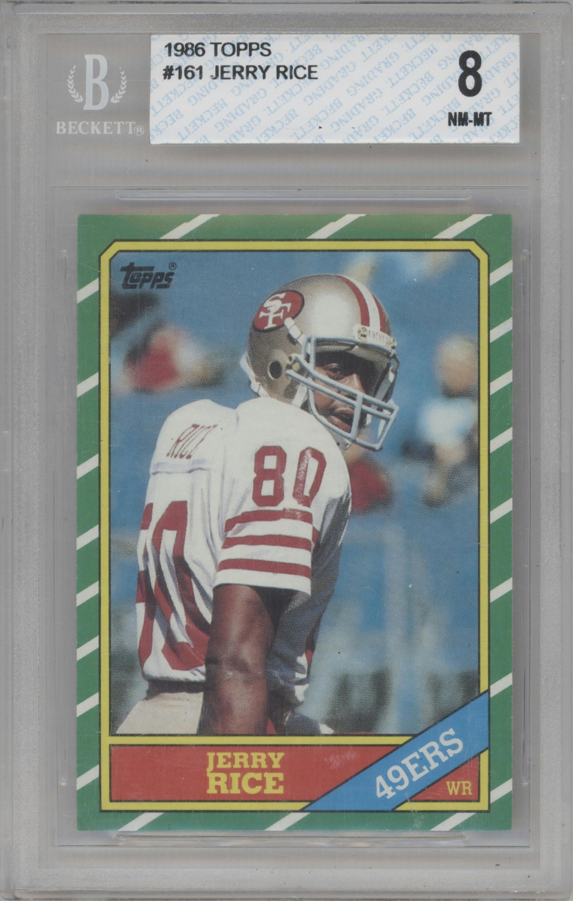 Jerry Rice from the 1986 Topps set graded by Beckett and given an overall grade of 8.