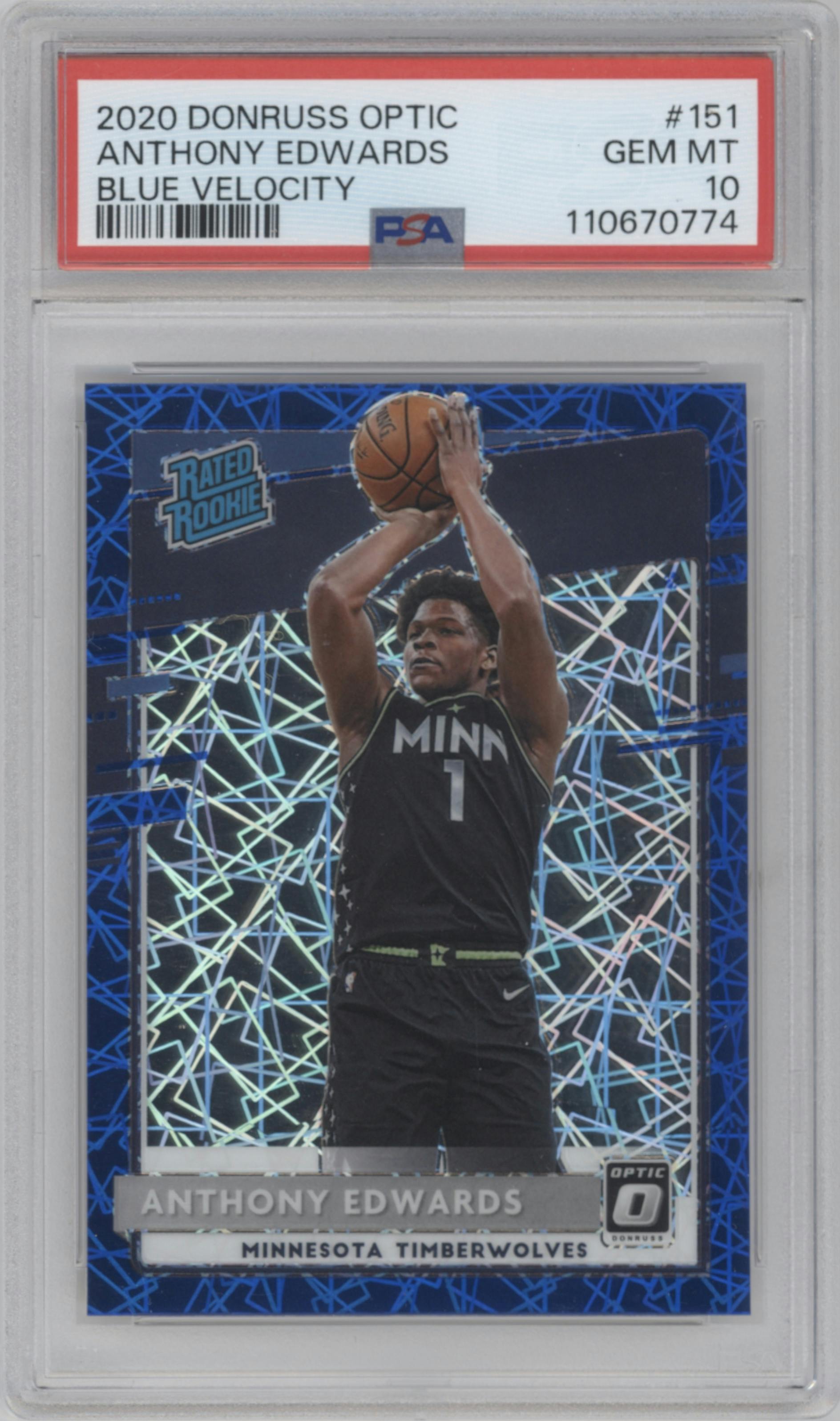 Anthony Edwards from the 2020-21 Panini Donruss Optic set featuring a Blue Velocity  parallel graded by PSA and given an overall grade of 10.