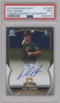 Paul Skenes from the 2023 Bowman Draft set graded by PSA and given an overall grade of 9.