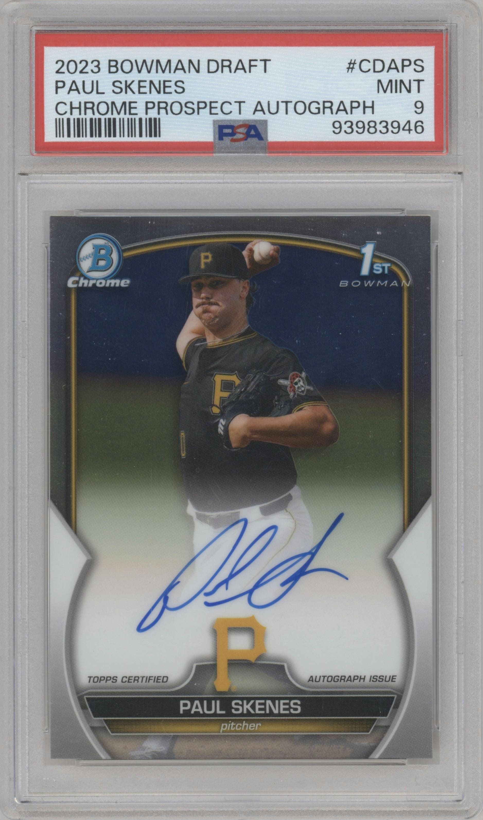 Paul Skenes from the 2023 Bowman Draft set graded by PSA and given an overall grade of 9.