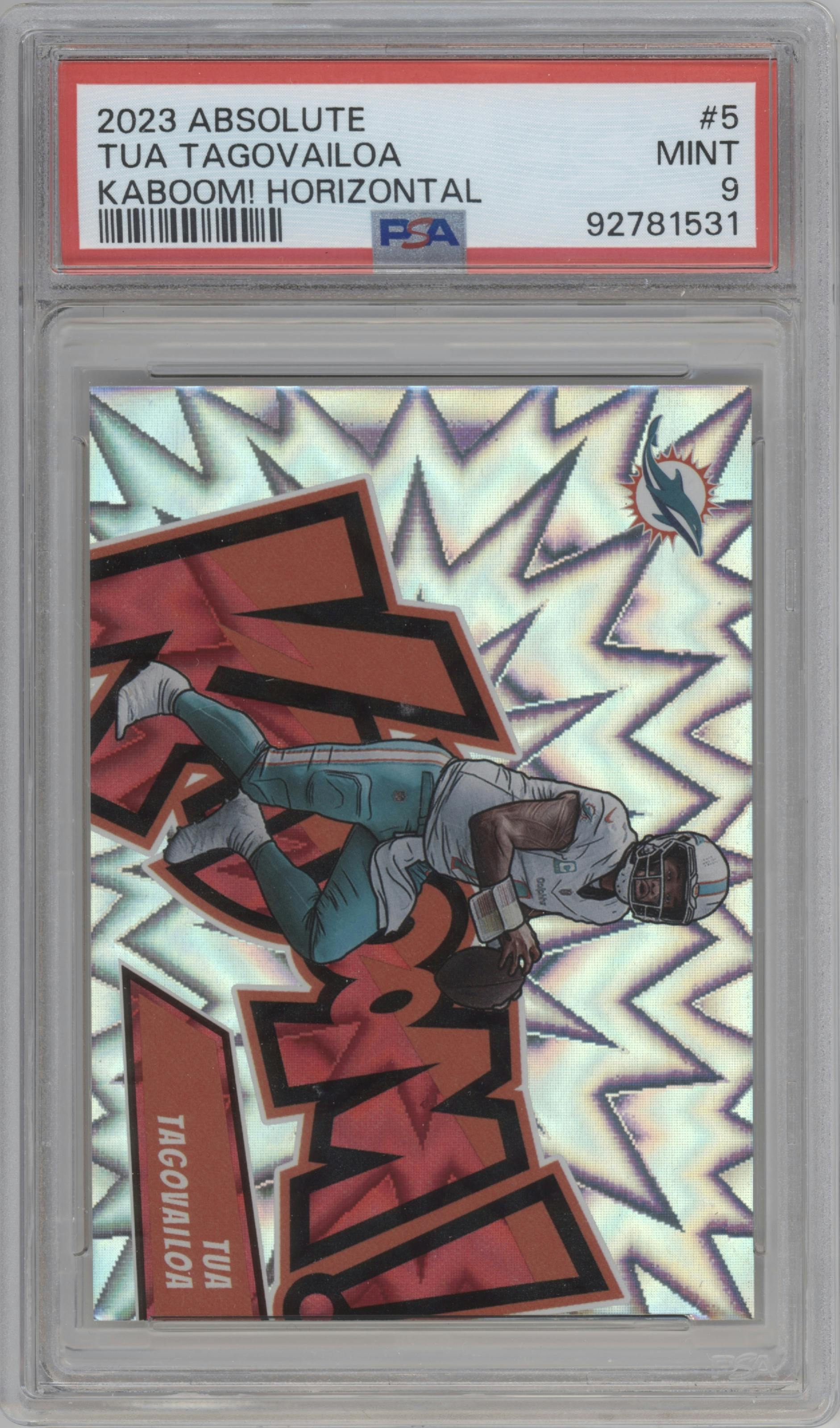 Tua Tagovailoa from the 2023 Panini Absolute set graded by PSA and given an overall grade of 9.