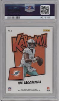 Tua Tagovailoa from the 2023 Panini Absolute set graded by PSA and given an overall grade of 9.