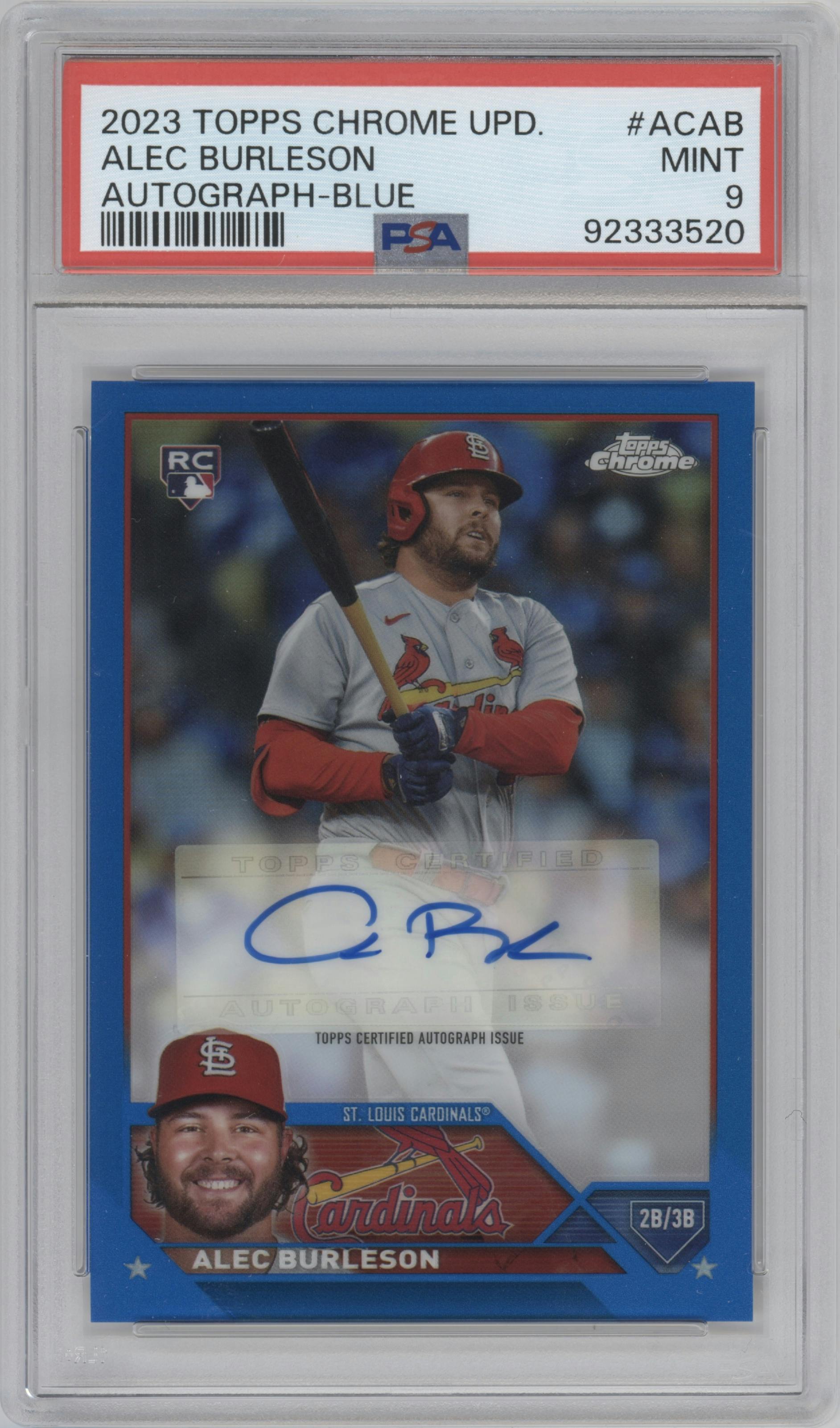 Alec Burleson from the 2023 Topps Chrome Update set featuring a Blue Refractor parallel graded by PSA and given an overall grade of 9.