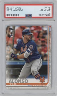 Pete Alonso from the 2019 Topps Series 2 set graded by PSA and given an overall grade of 10.