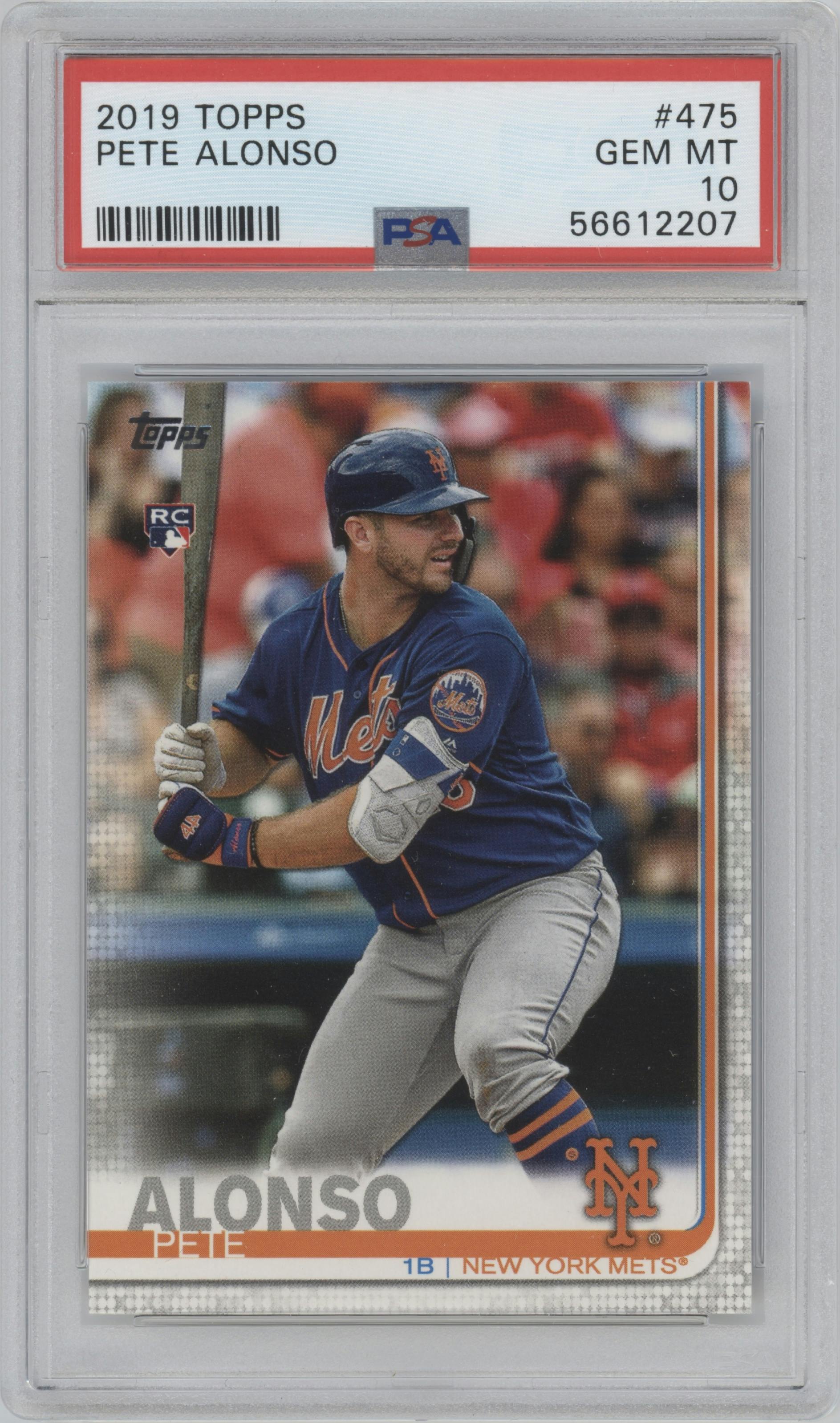 Pete Alonso from the 2019 Topps Series 2 set graded by PSA and given an overall grade of 10.