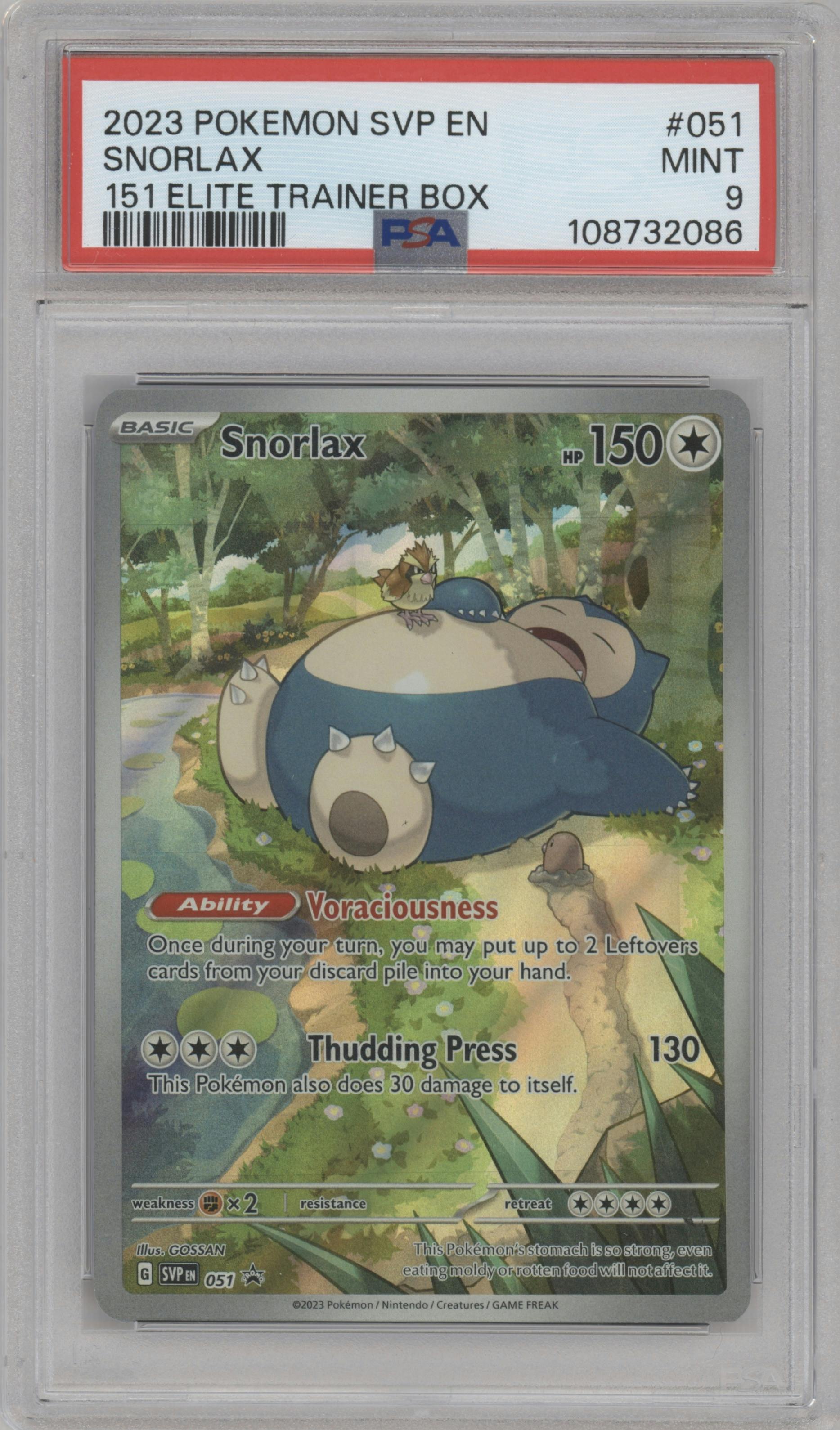 Snorlax from the 2023 Pokemon SV set featuring a Scarlet & Violet 151 Elite Trainer Box parallel graded by PSA and given an overall grade of 9.