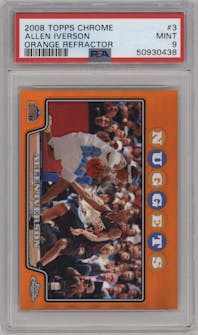 Allen Iverson from the 2008-09 Topps Chrome  set featuring a Orange Refractor parallel graded by PSA and given an overall grade of 9.