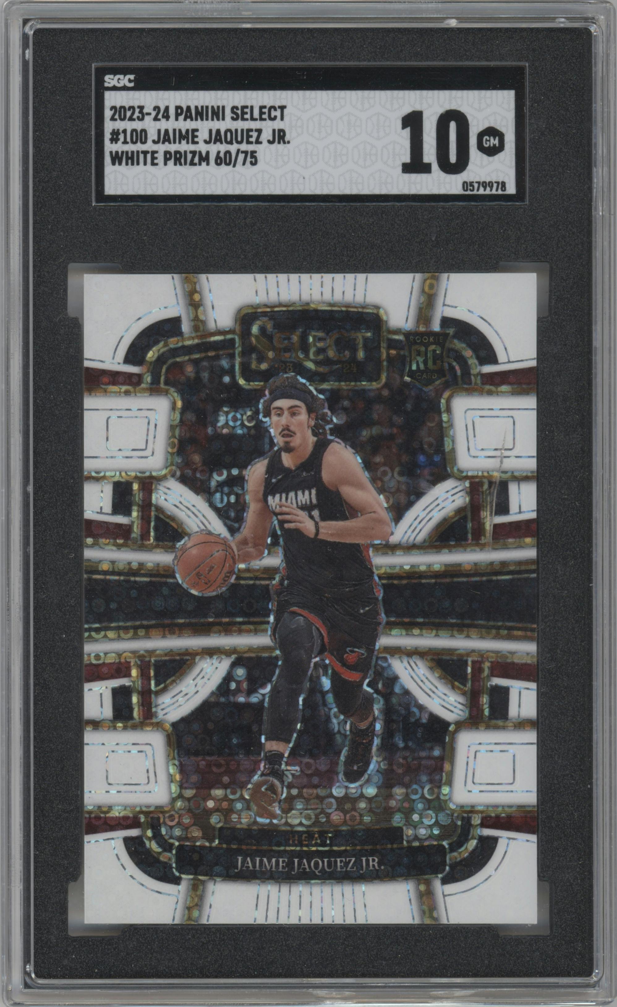 Jaime Jaquez Jr. from the 2023-24 Panini Select  set featuring a Disco White parallel graded by SGC and given an overall grade of 10.