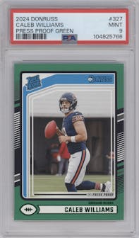 Caleb Williams from the 2024 Donruss set featuring a Press Proof Green parallel graded by PSA and given an overall grade of 9.