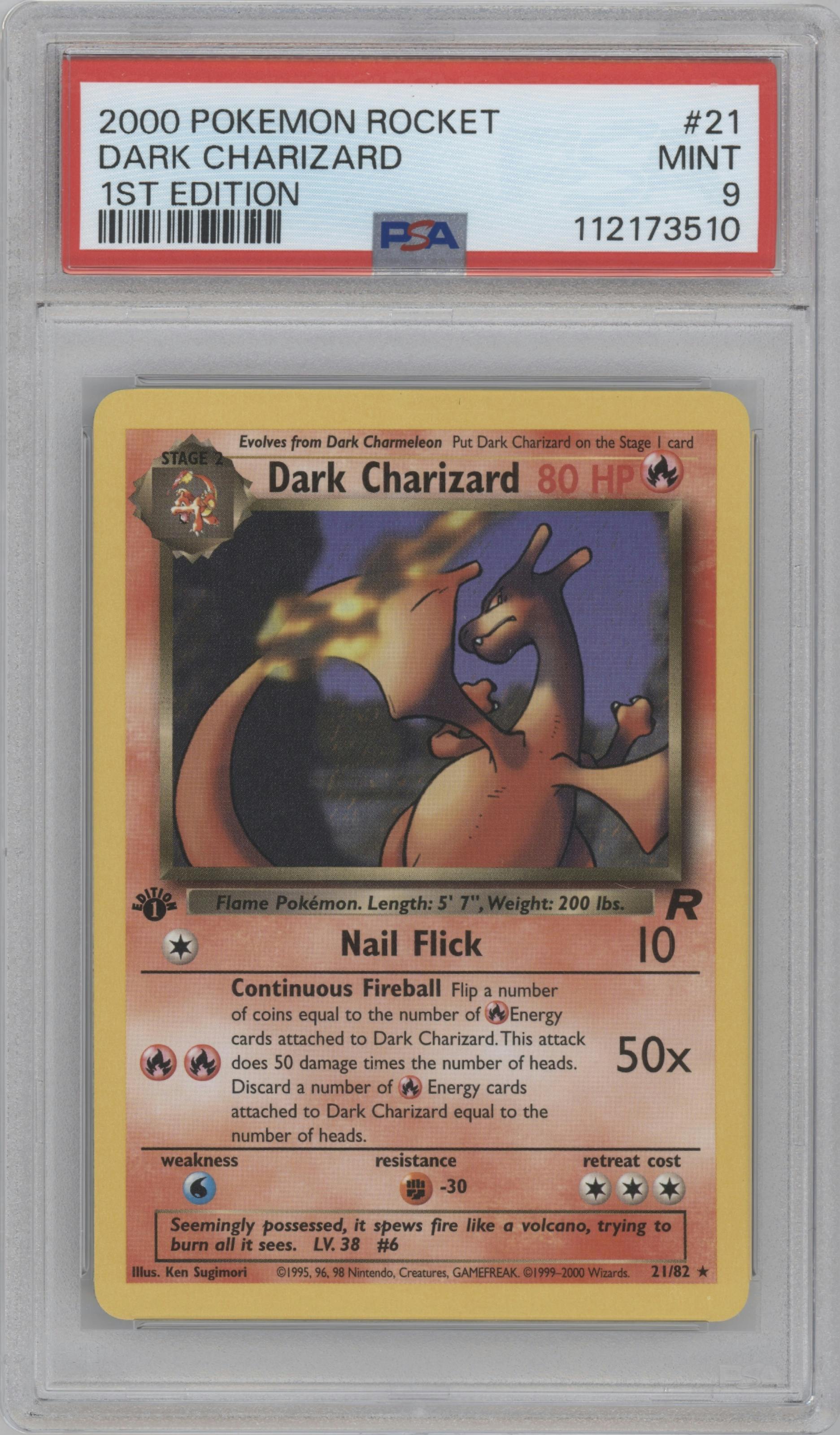 Dark Charizard from the 2000 Pokemon set graded by PSA and given an overall grade of 9.