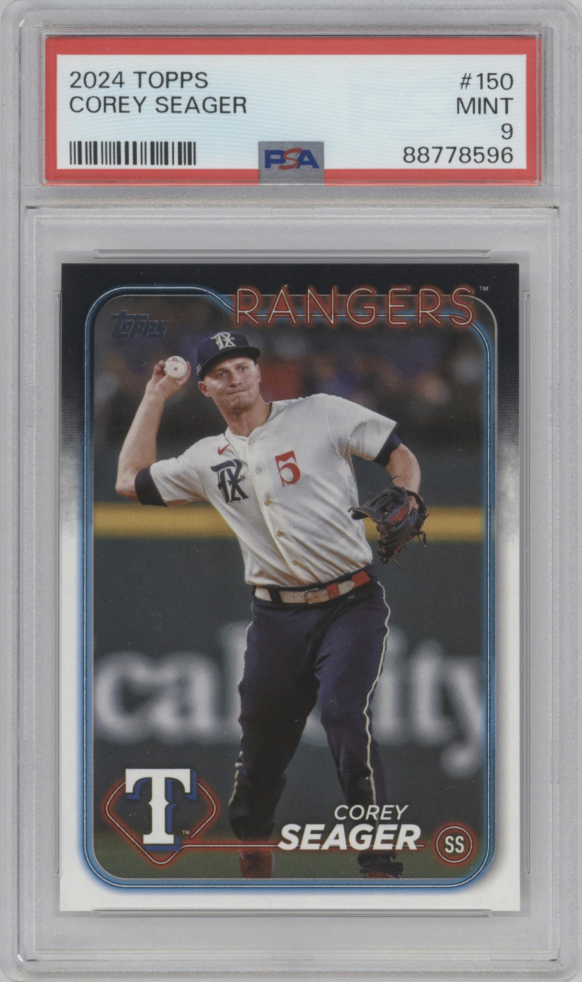 Corey Seager from the 2024 Topps  set graded by PSA and given an overall grade of 9.