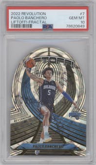 Paolo Banchero from the 2022-23 Panini Revolution  set featuring a Fractal parallel graded by PSA and given an overall grade of 10.