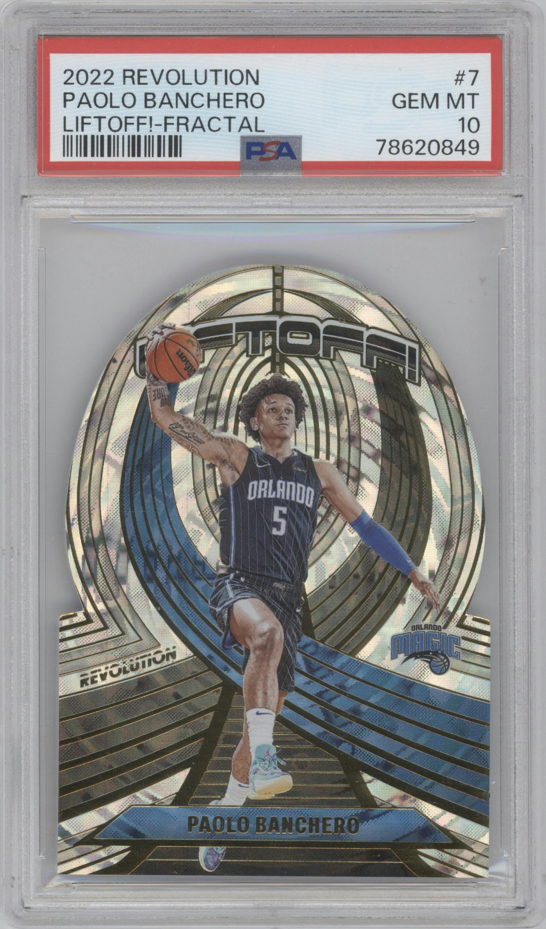 Paolo Banchero from the 2022-23 Panini Revolution  set featuring a Fractal parallel graded by PSA and given an overall grade of 10.