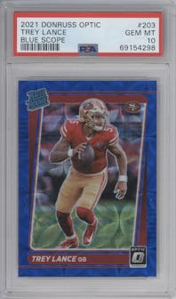 Trey Lance from the 2021 Panini Donruss Optic set featuring a Blue Scope parallel graded by PSA and given an overall grade of 10.