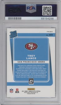 Trey Lance from the 2021 Panini Donruss Optic set featuring a Blue Scope parallel graded by PSA and given an overall grade of 10.