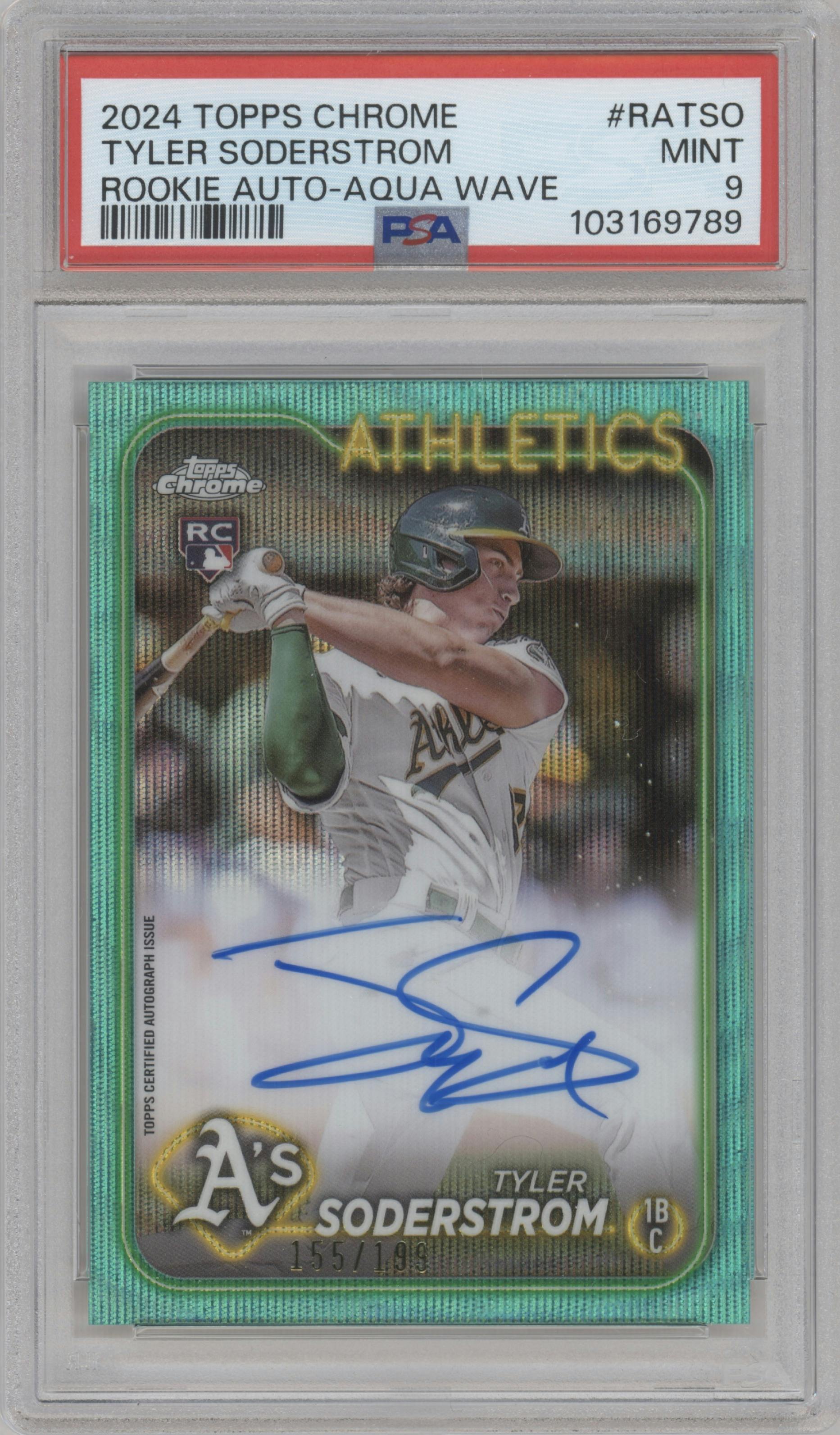 Tyler Soderstrom from the 2024 Topps Chrome set featuring a Aqua Wave Refractor parallel graded by PSA and given an overall grade of 9.