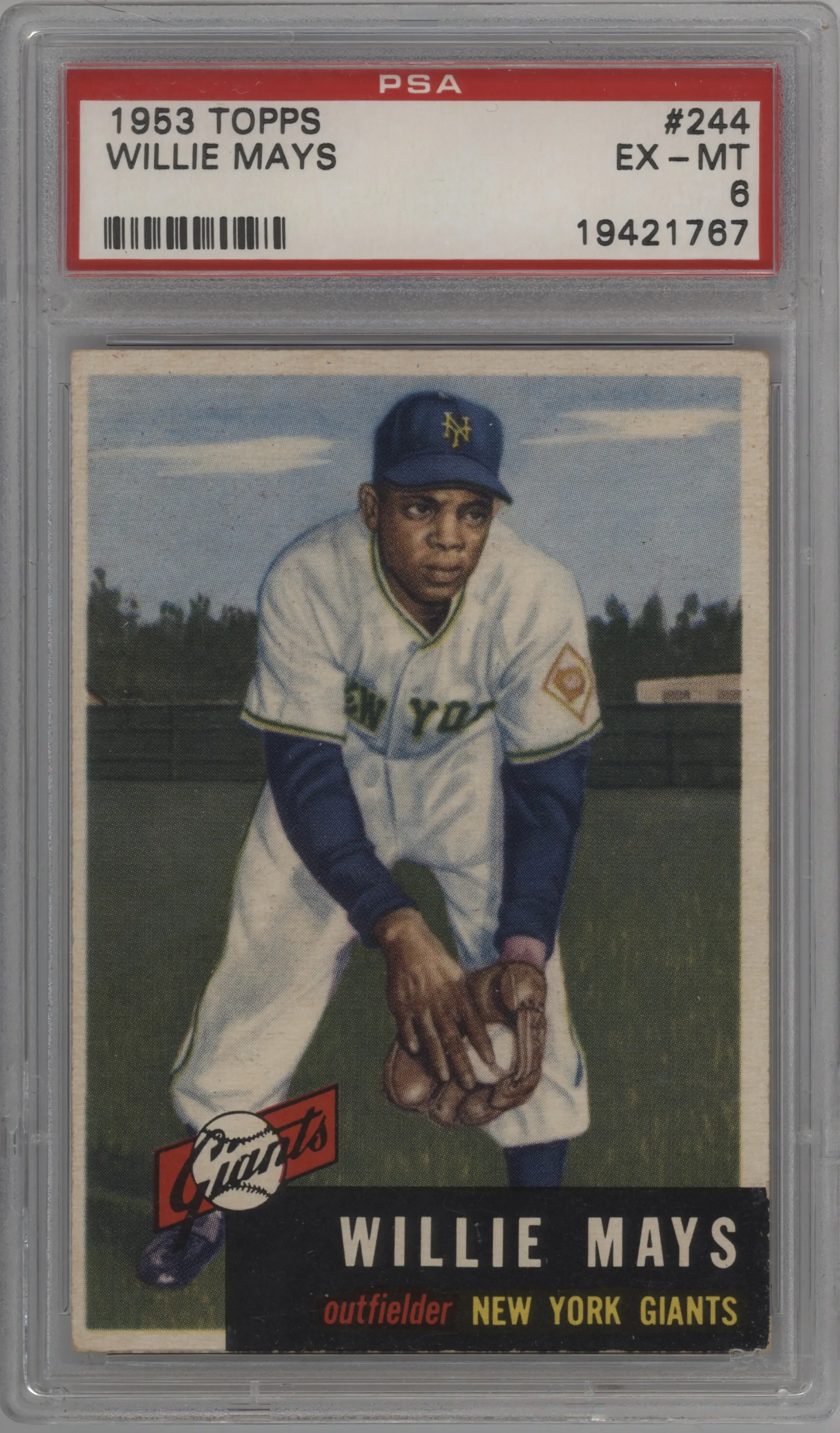 Willie Mays from the 1953 Topps set graded by PSA and given an overall grade of 6.