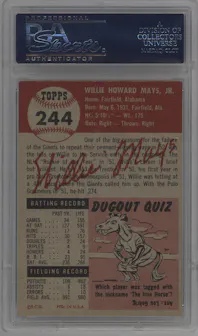 Willie Mays from the 1953 Topps set graded by PSA and given an overall grade of 6.