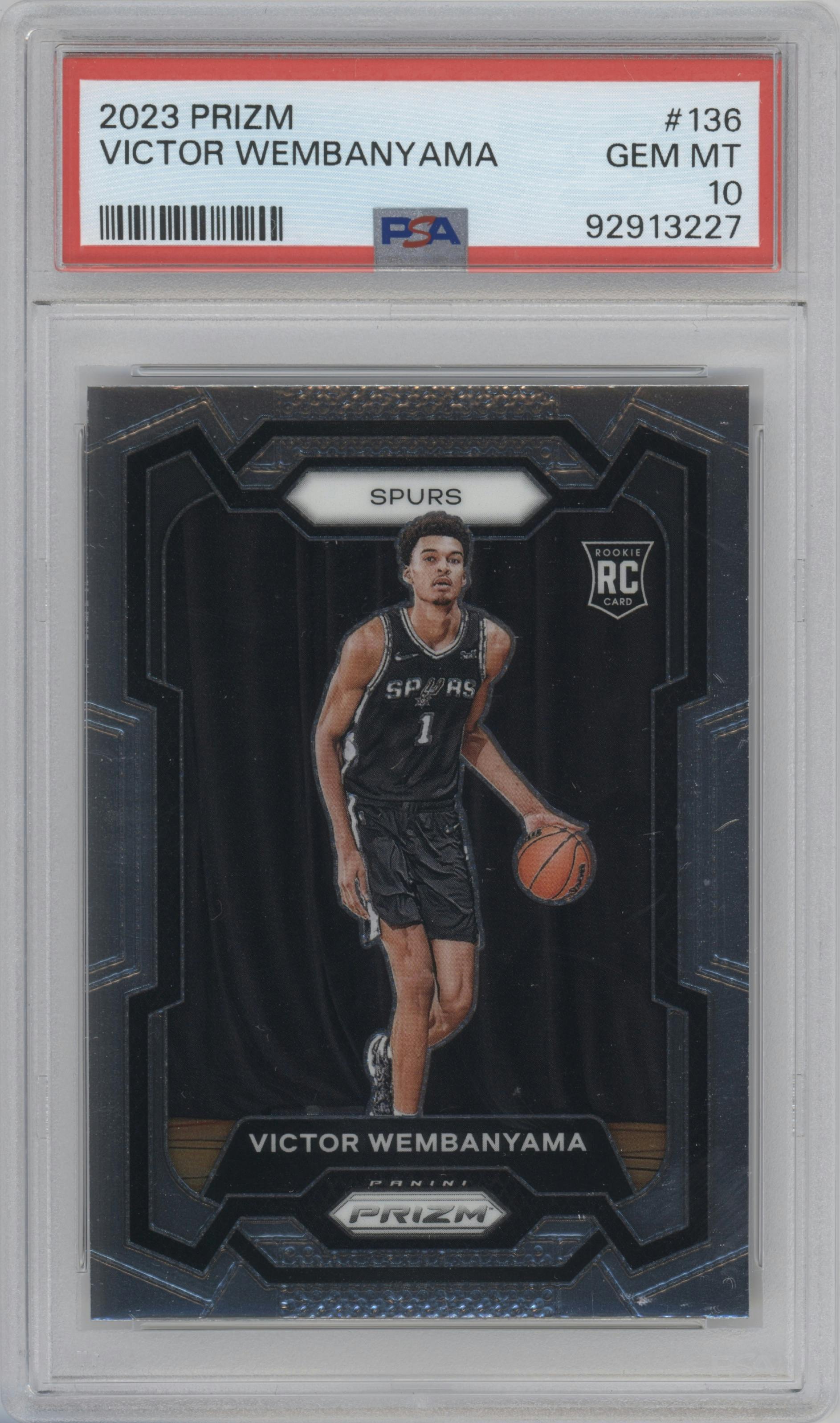 Victor Wembanyama from the 2023-24 Panini Prizm set graded by PSA and given an overall grade of 10.
