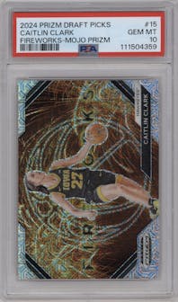 Caitlin Clark from the 2024 Panini Prizm Draft Picks set featuring a Mojo parallel graded by PSA and given an overall grade of 10.