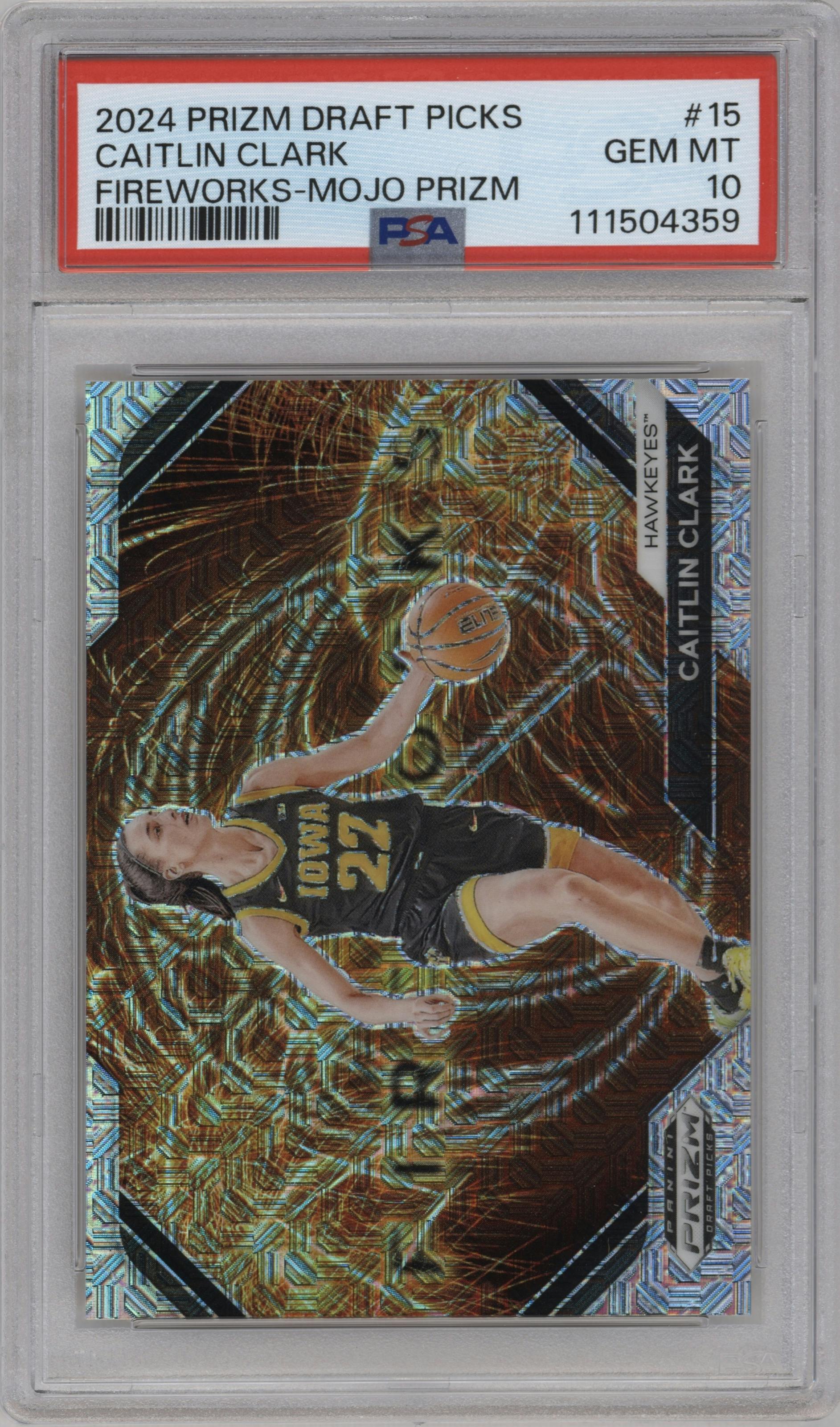 Caitlin Clark from the 2024 Panini Prizm Draft Picks set featuring a Mojo parallel graded by PSA and given an overall grade of 10.