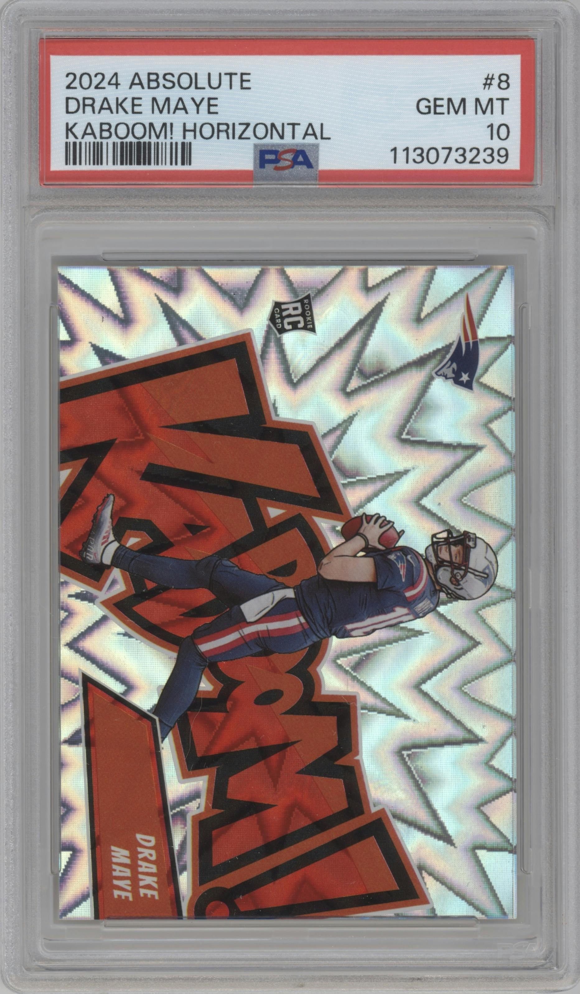 Drake Maye from the 2024 Panini Absolute set graded by PSA and given an overall grade of 10.