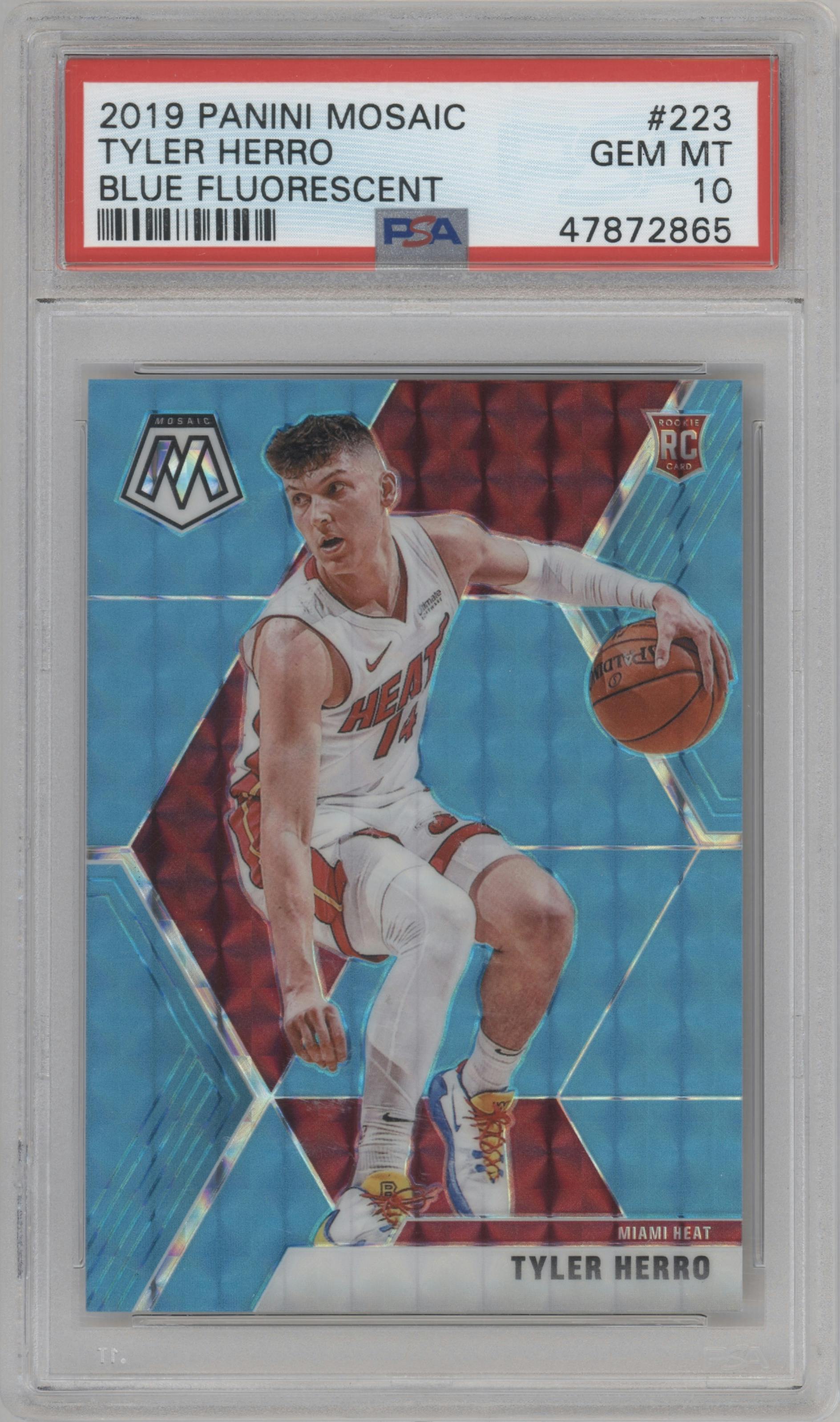 Tyler Herro from the 2019-20 Panini Mosaic  set featuring a Blue Fluorescent parallel graded by PSA and given an overall grade of 10.