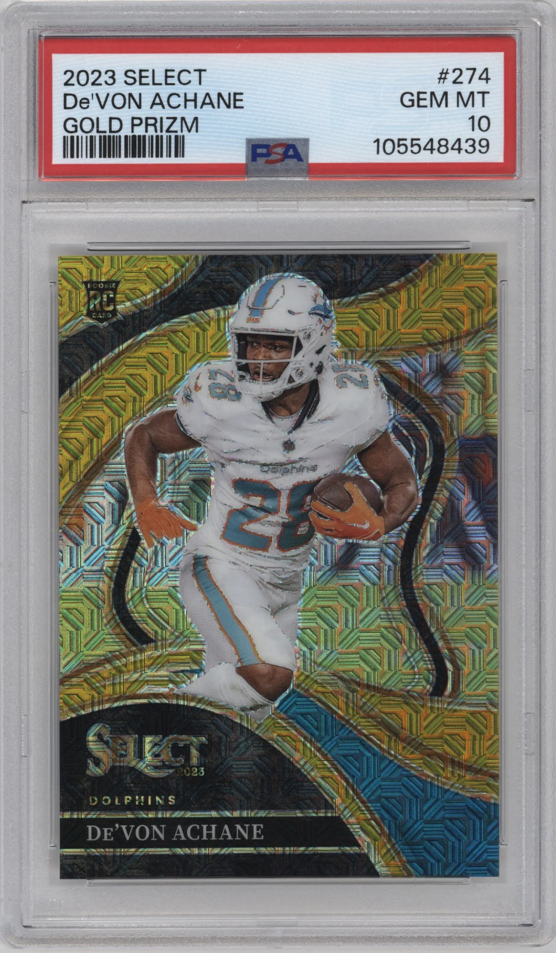 2023 Panini Select Club Lvl. De'Von Achane Gold Prizm PSA 10