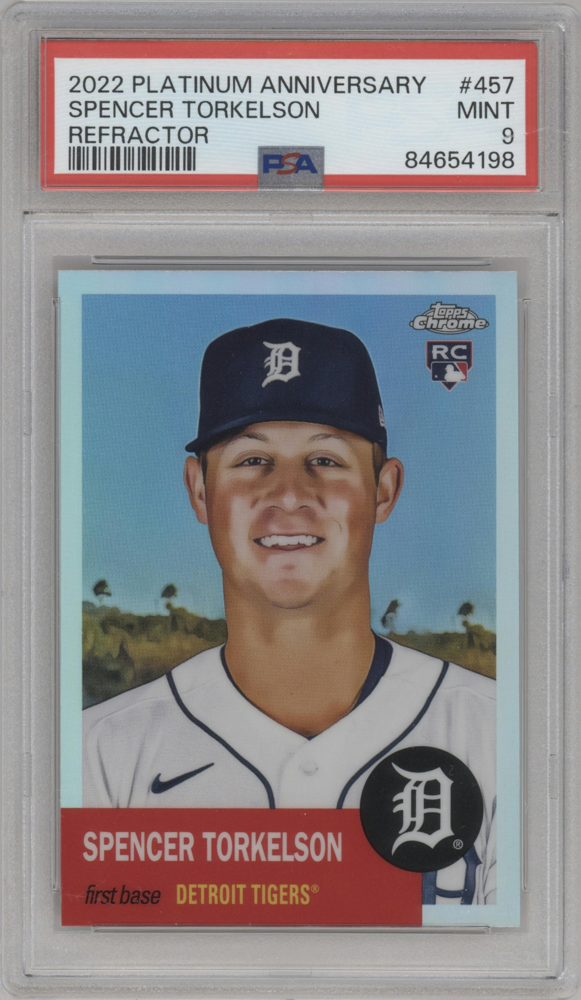 Spencer Torkelson from the 2022 Topps Chrome Platinum Anniversary set featuring a Refractor parallel graded by PSA and given an overall grade of 9.
