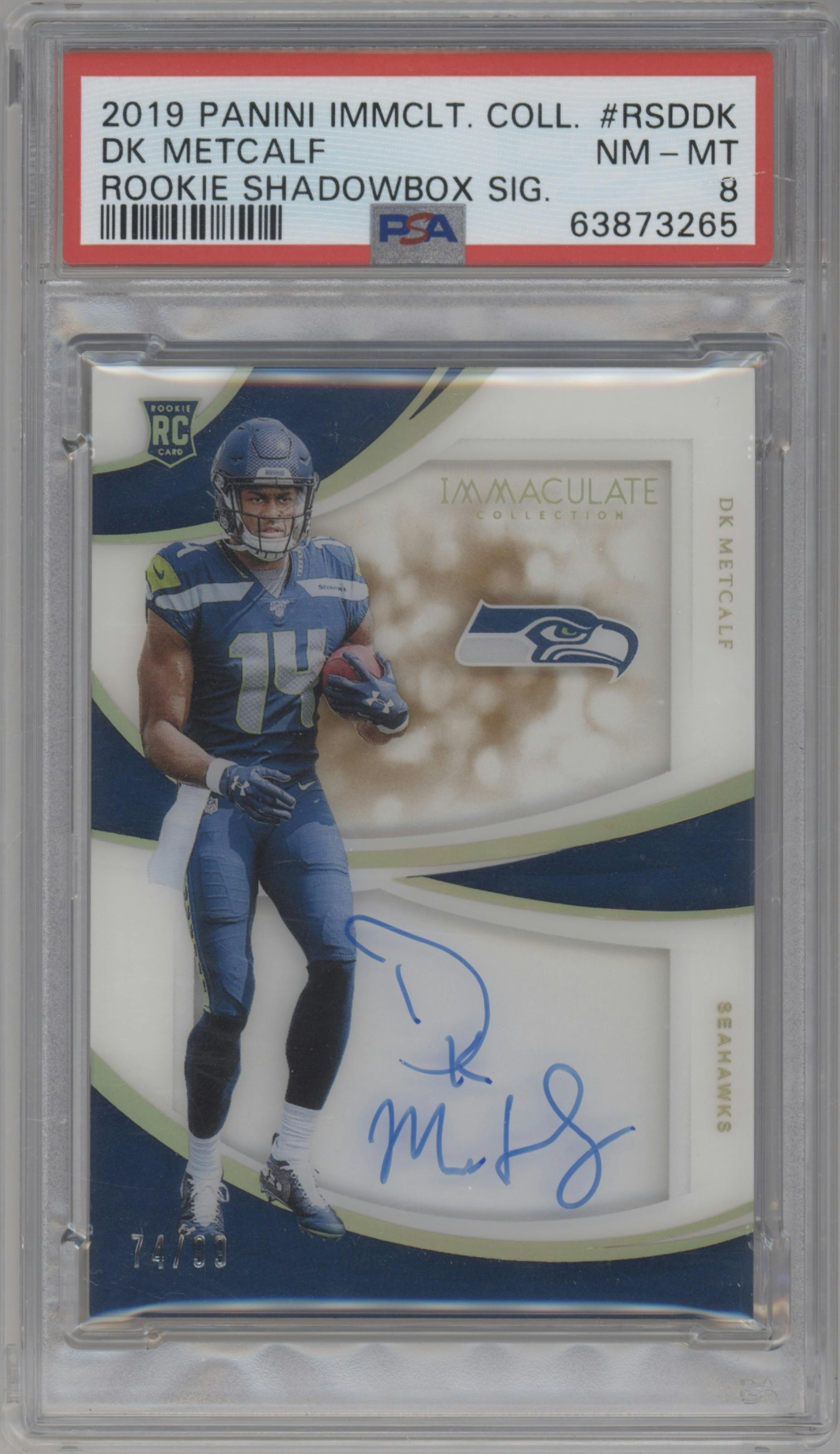 DK Metcalf from the 2019 Panini Immaculate Collection set graded by PSA and given an overall grade of 8.