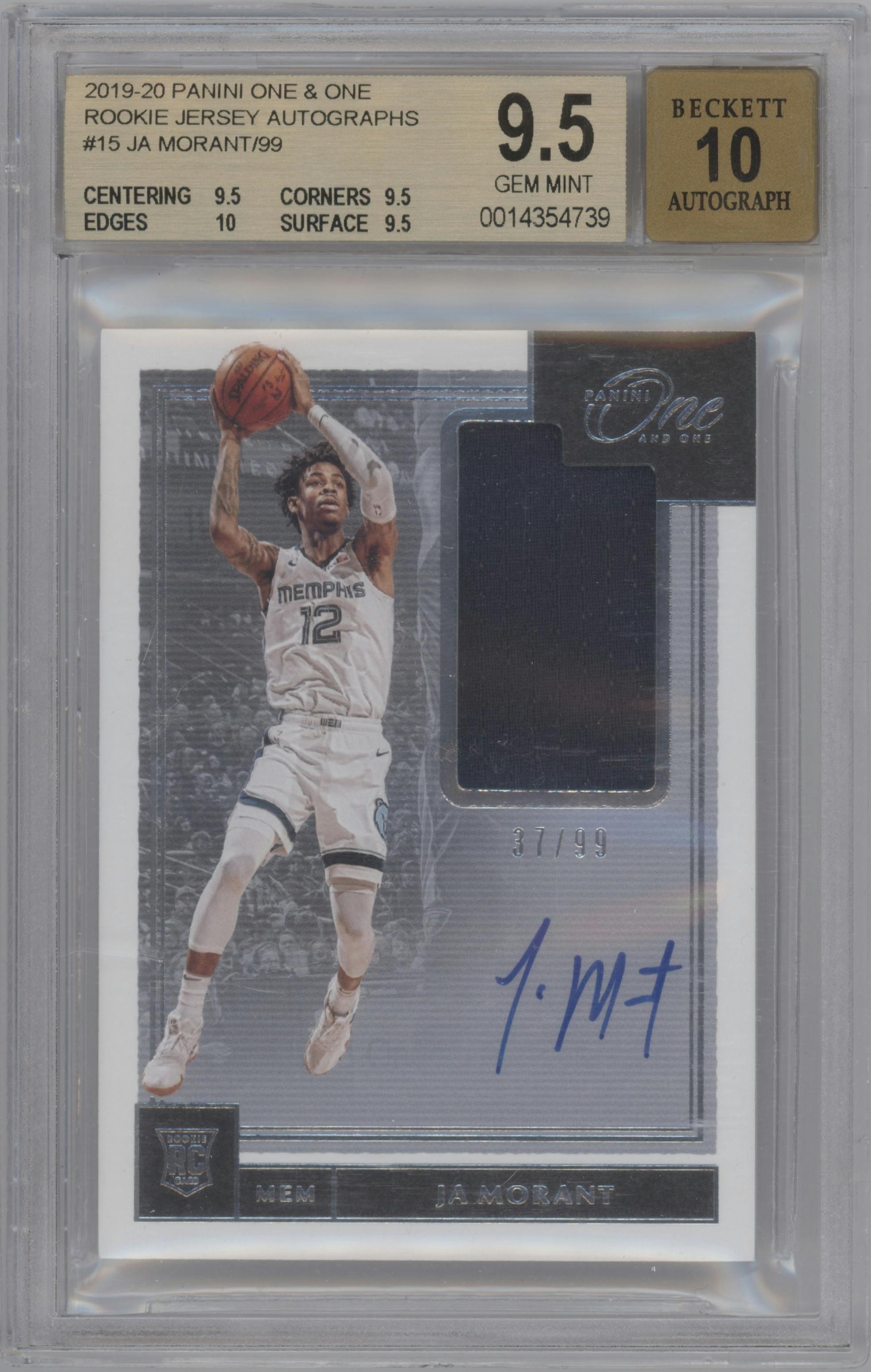 Ja Morant from the 2019-20 Panini One and One set graded by Beckett and given an overall grade of 9.5.