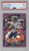 Justin Fields from the 2021 Panini Prizm set featuring a Purple Ice parallel graded by PSA and given an overall grade of 9.