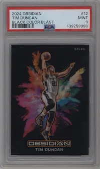 Tim Duncan from the 2024-25 Panini Obsidian set graded by PSA and given an overall grade of 9.