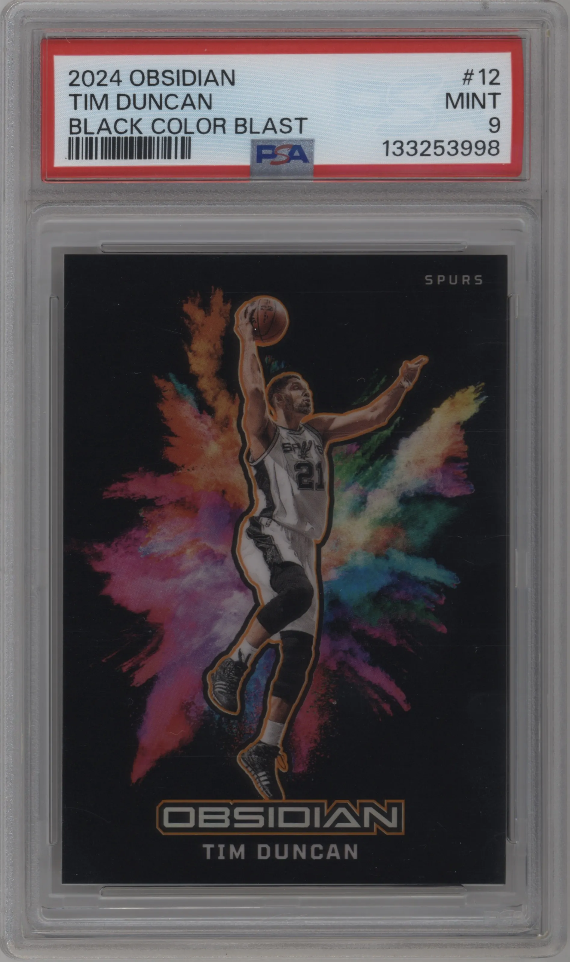 Tim Duncan from the 2024-25 Panini Obsidian set graded by PSA and given an overall grade of 9.
