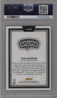 Tim Duncan from the 2024-25 Panini Obsidian set graded by PSA and given an overall grade of 9.