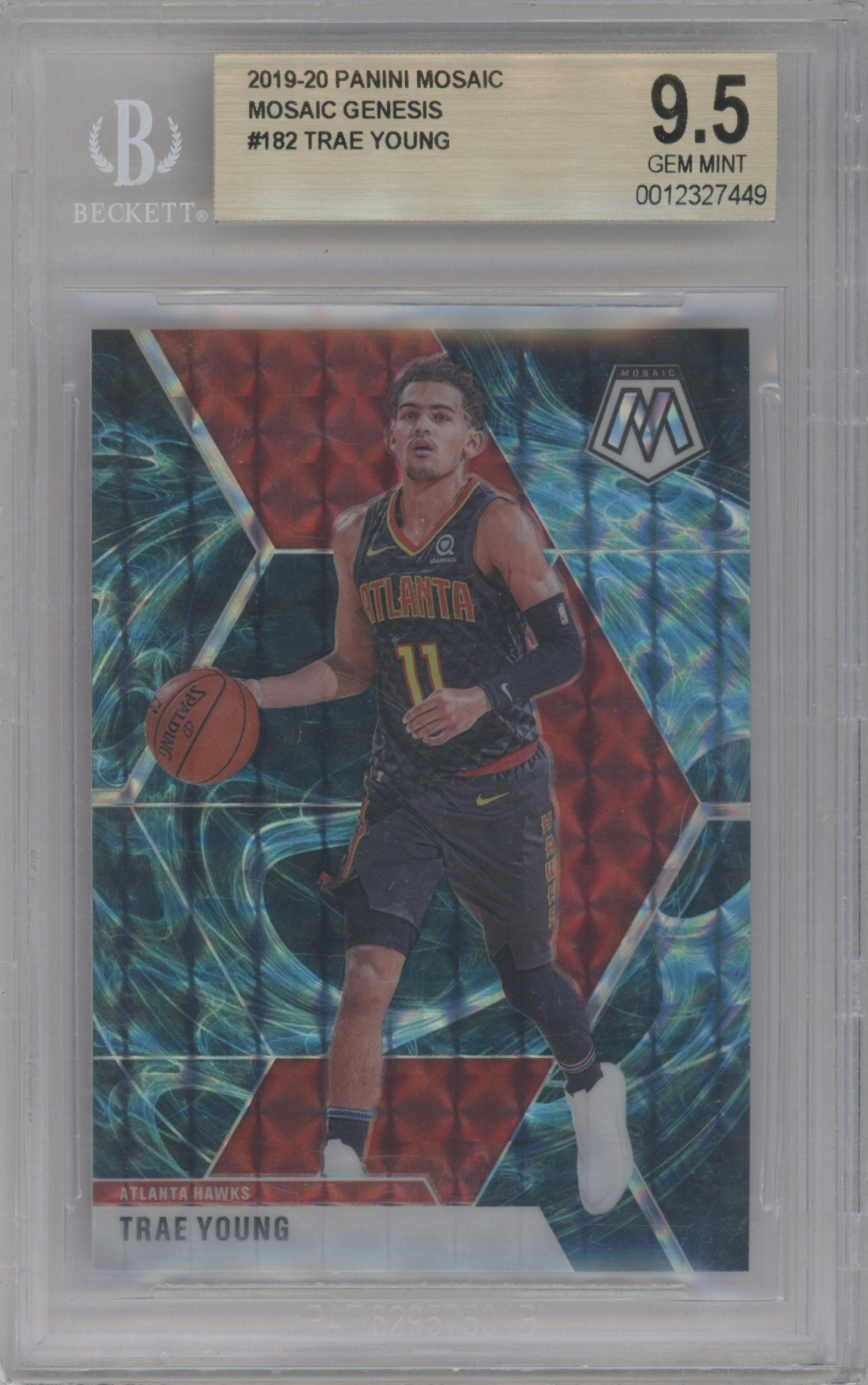Trae Young from the 2019-20 Panini Mosaic  set featuring a Genesis parallel graded by Beckett and given an overall grade of 9.5.