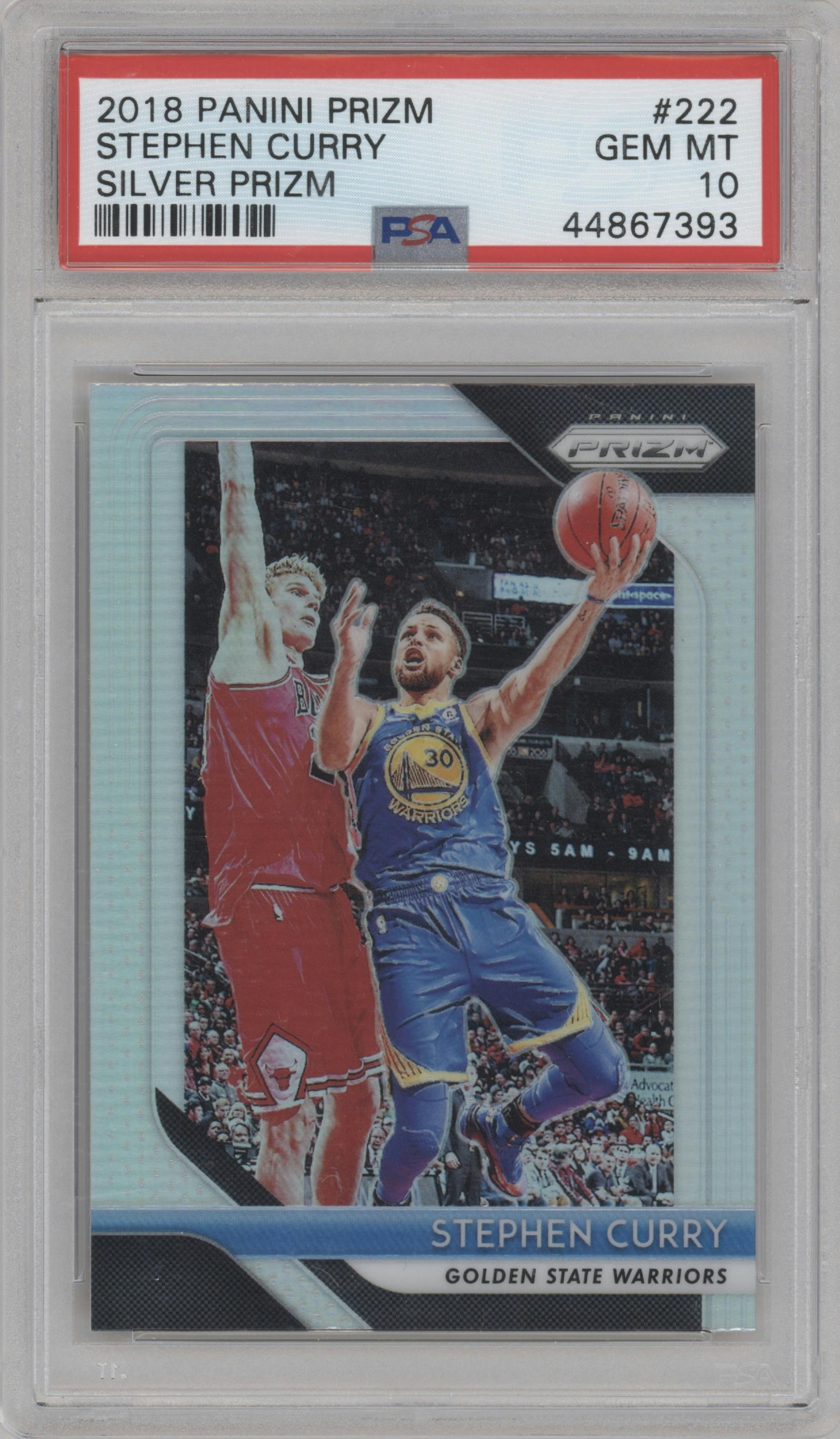 Stephen Curry from the 2018-19 Panini Prizm set featuring a Silver Prizm parallel graded by PSA and given an overall grade of 10.