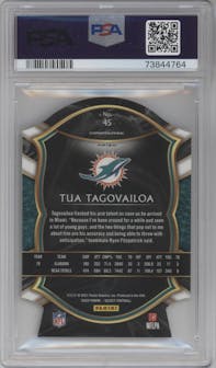 Tua Tagovailoa from the 2020 Panini Select set featuring a Die-Cut Tri-Color parallel graded by PSA and given an overall grade of 9.
